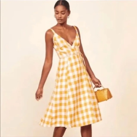 Reformation Beverly Linen Wrap Dress Yellow White Check, Size XS, Deep V Neck 💛 - Picture 3 of 12